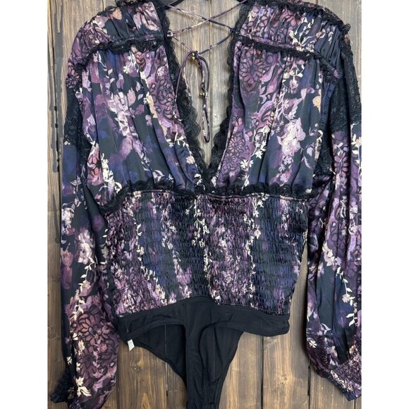 Free People MEDIUM Bodysuit Worth The Wait Balloon Long Sleeves Smocked Lace - Picture 8 of 14